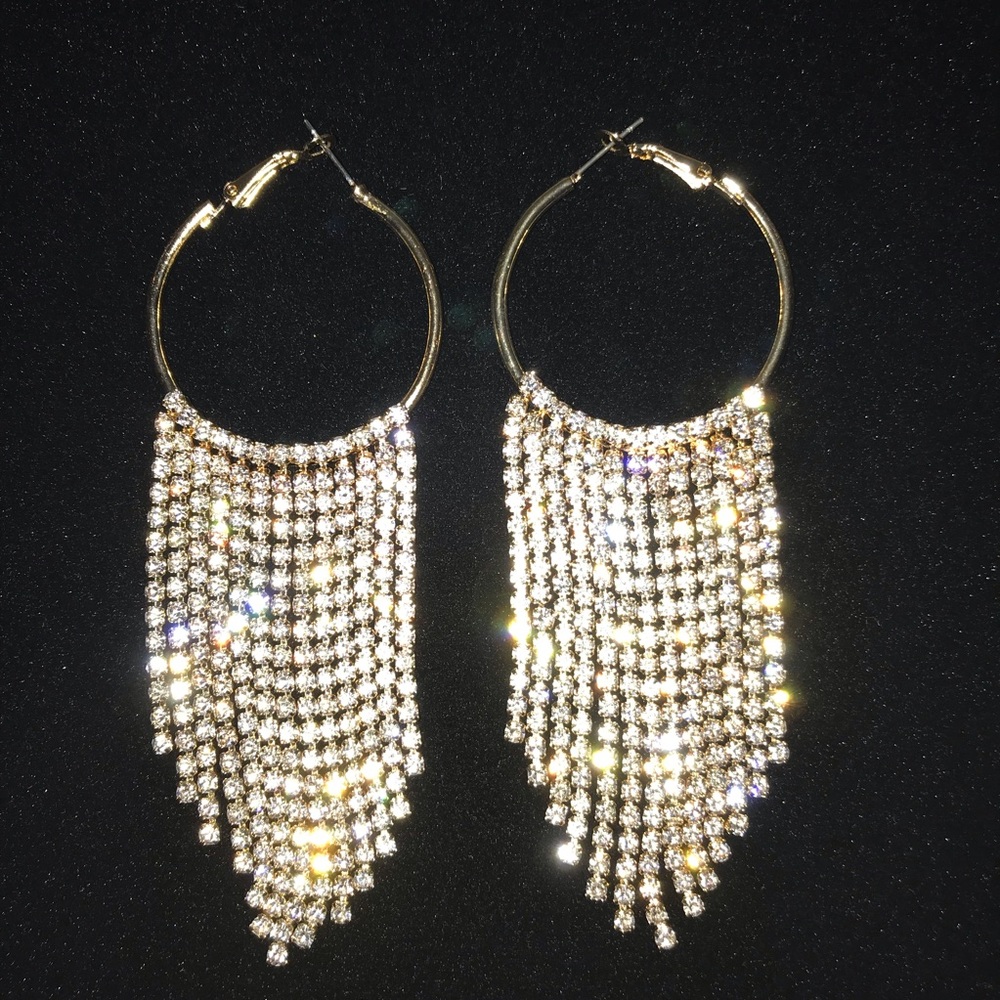 Gold Rhinestone Fringe Hoop Earrings - Picture 2 of 3